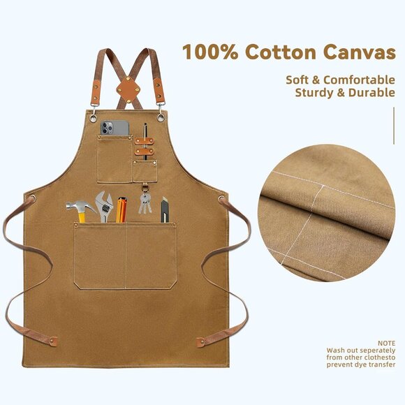 Chef Aprons for Men Women, Cotton Canvas Cross Back Adjustable Apron with Large - Picture 3 of 5